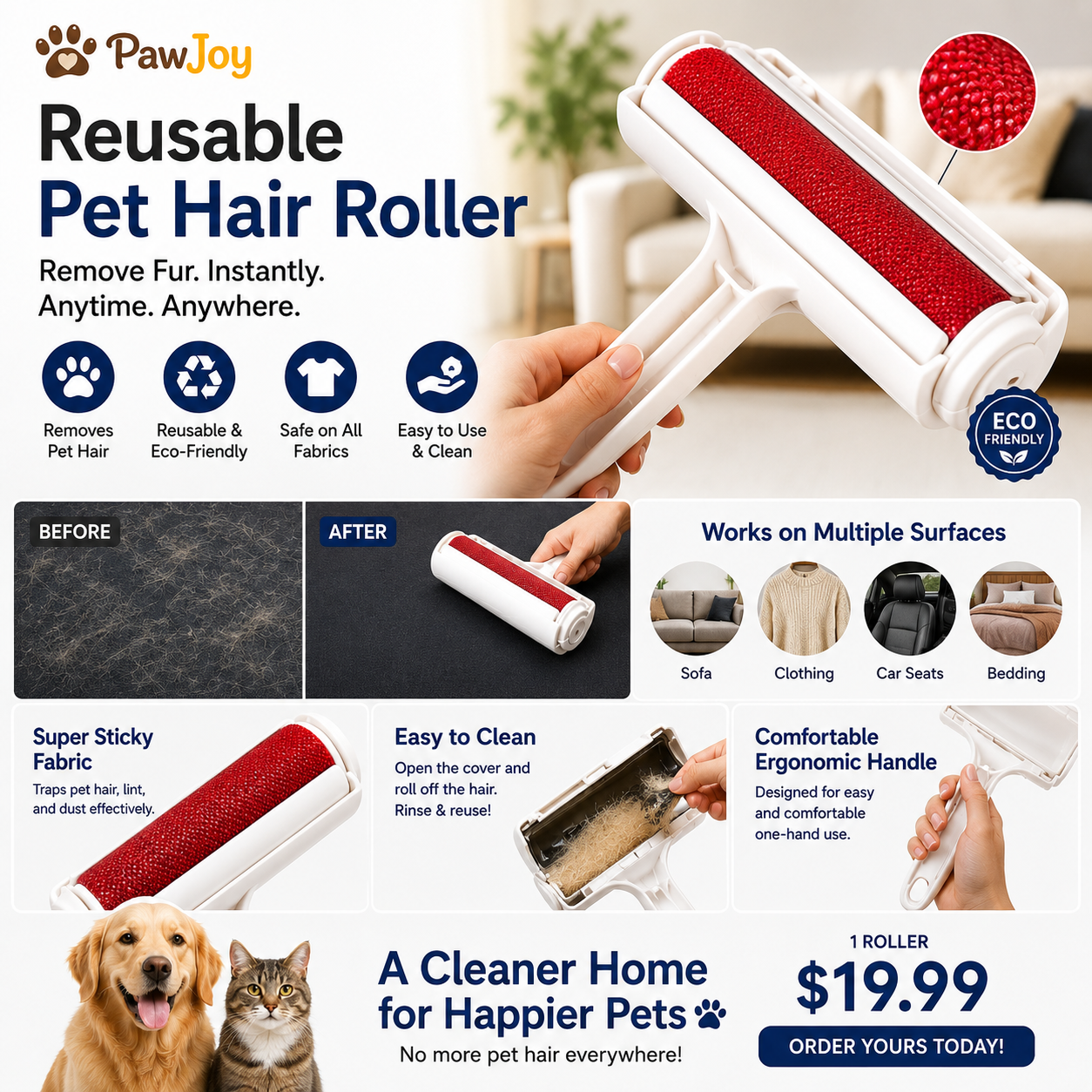 PawJoy™ Reusable Pet Hair Roller