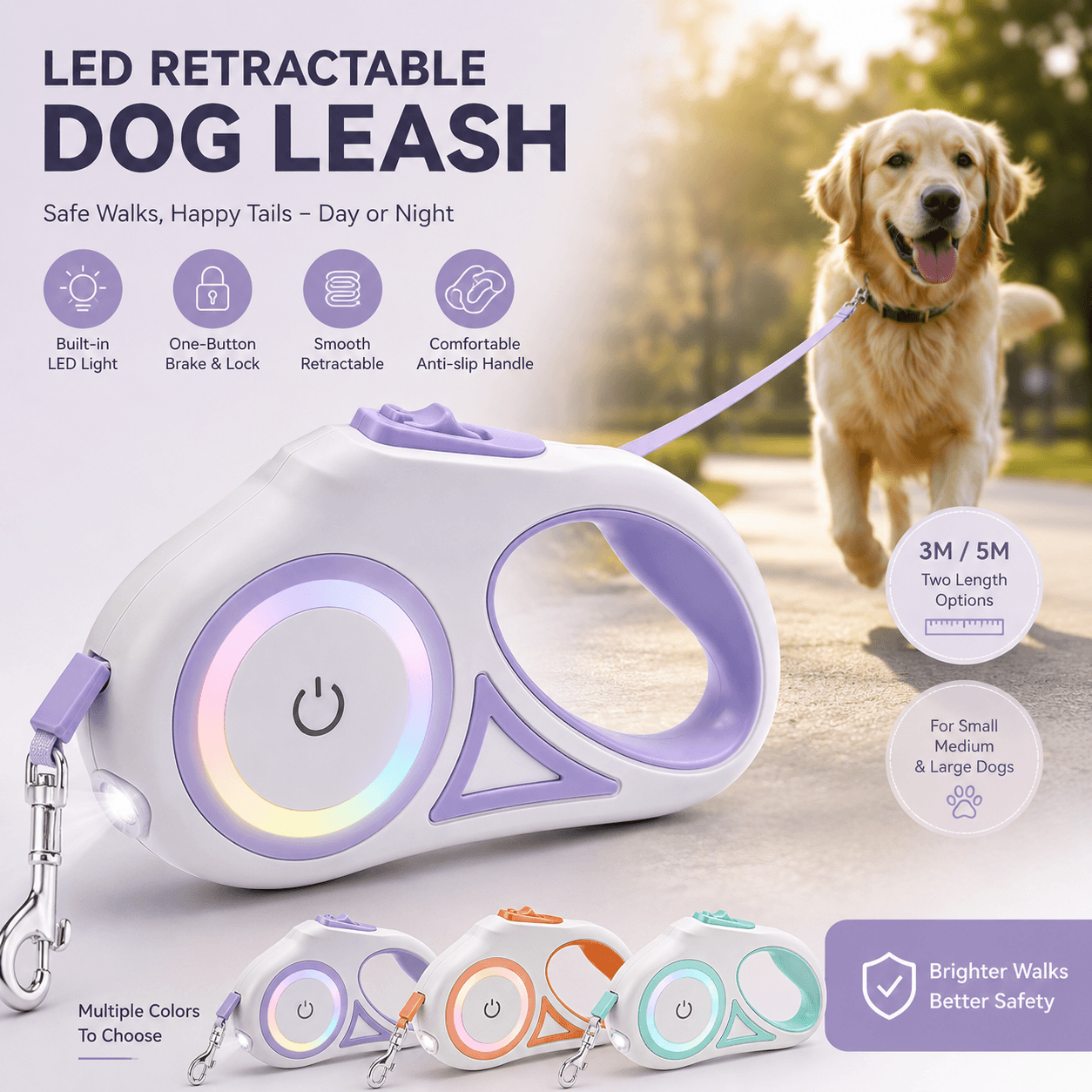 LED Retractable Dog Leash with Built-in Safety Light